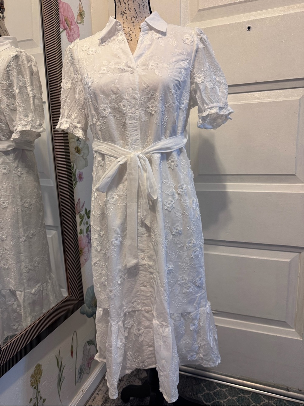 White Embroidered Button-Front Midi Dress with Tie Waist